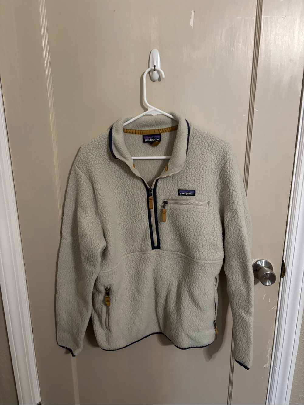 Patagonia Cream Sherpa Half-Zip Fleece with Navy Trim